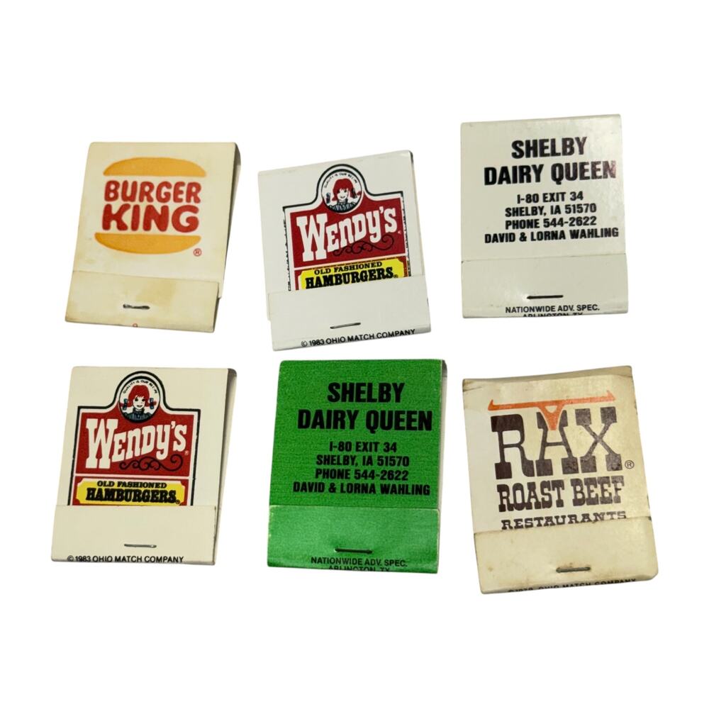 Lot 6 Vintage 1980s Fast Food Matchbooks Wendys Burger King Rax Dairy Queen - Picture 2 of 6